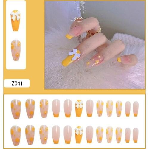 24Pcs/Set False Nails Yellow 3D Bow Flower Wear Long Paragraph Fashion Manicure Patch Press On Nails Art DIY Manicure Tool