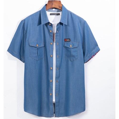 Summer New Mens Two-pocket Denim Short-sleeved Shirt Business Fashion Loose Casual Thin Denim Top Male Brand Plus Size Clothes