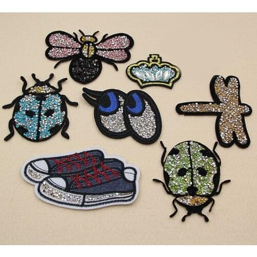 PGY Rhinestone Embroidery Patches Iron On Shoes Dragonfly Crown Appliques Hot-Fixed Stickers Clear Color Crystal Badges Parches
