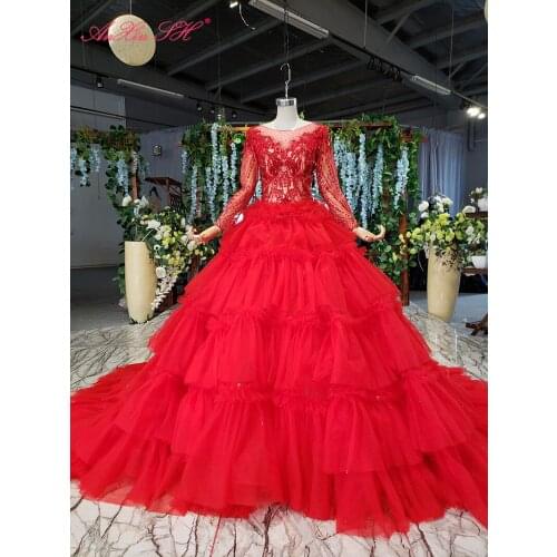 AnXin SH Luxury princess red lace o neck beading flower crystal illusion long sleeve bride ruffles wedding dress 100% real photo