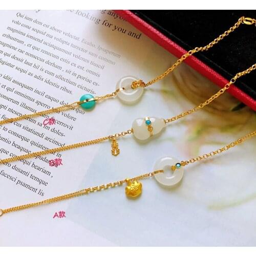 S925 Sterling Silver Ancient Gold Bracelet Inlaid Natural Hetian Jade Gray Jade Safeness Ring Xi Gourd Ornament