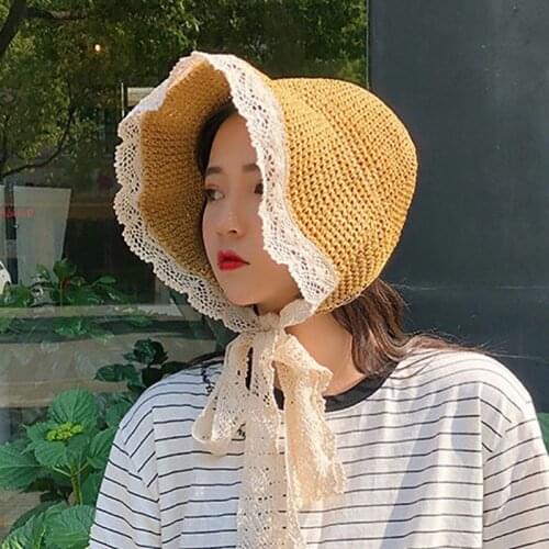 Summer Princess Straw Lace Strap Sun Cap Bucket Hat for women
