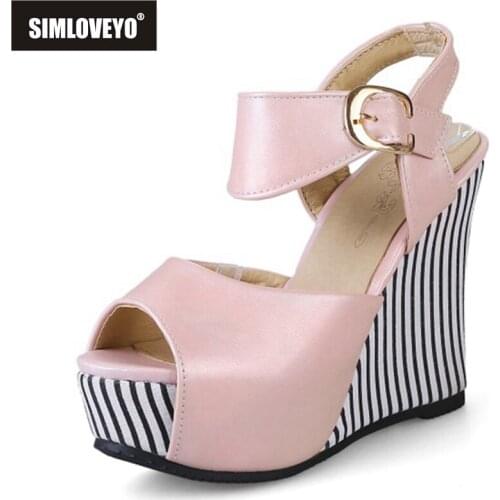 SIMLOVEYO 2021 New Sweet Wedges Sandals Peep Toe Buckle Strap Striped Platforms Slingbacks 11cm US14 Beige Blue Pink Black A4255
