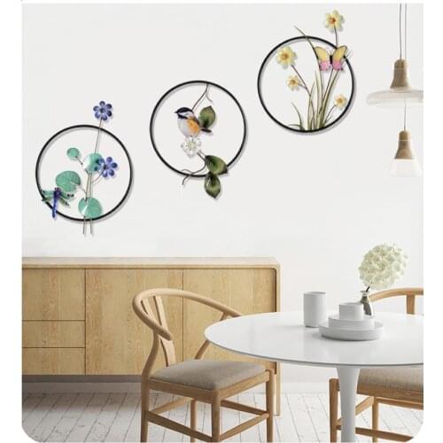 Modern Wrought Iron Round Flower Birds Wall Decoration Pendant Livingroom Background Wall Hanging Crafts Hotel Porch Wall Murals