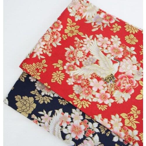 NAVY RED Japanese Style Elegant Gold Pink Flower Crane 100% Cotton Bronzed Fabrics for Craft Quilt Handwork Decor Bag Tissue