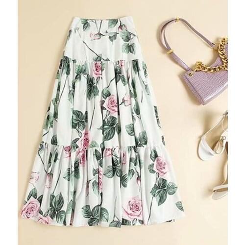 Womens European and American wear 2021 summer new style Rose printed Fashion pleated skirts