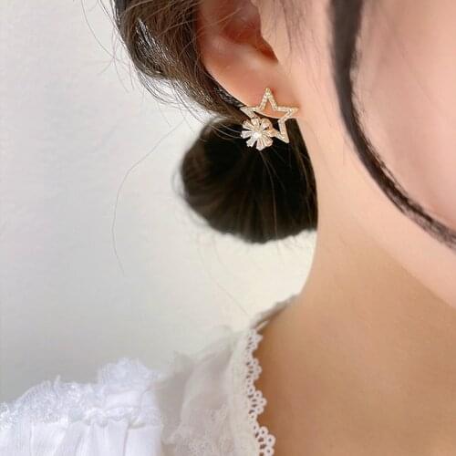 MENGJIQIAO Korean Cute Shiny Micro Pave Zircon Hollow Star Stud Earrings For Women Girls Sweet Flower Brincos Jewelry Gifts