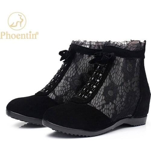 Phoentin Fashion short Lace hollow summer boots womens net mesh boots Inner height shoes wedge Ankle boot big size 35-43 FT1623