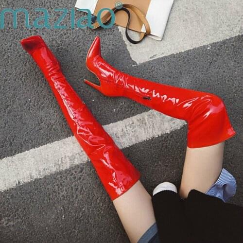 Patent Leather Women Sexy Over The Knee Boots Thin High Heels Long Boots Zip Pointed Toe Autumn Winter Thigh High Boots MAZIAO