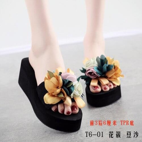 2020 new sandals female summer fashionable high-heeled thick-bottomed flip-flops non-slip flowers wedge heels beach shoes women