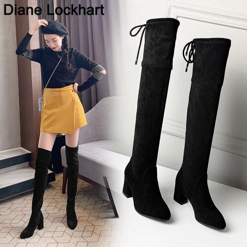 New Women Warm Over The Knee Boots Lace Up Sexy High Heels Autumn Woman Shoes Winter Women Slim Pointed Toe Boots Big Size 34-43