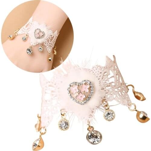 Coxeer 1pc Elegant Womens Bracelet Artificial Fur Rhinestone Decor Heart Shape Lace Bracelet Charm Bracelet Jewelry Accessories