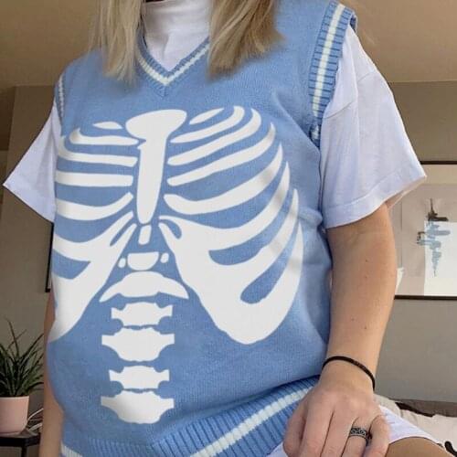 Women Gothic Knitted Sleeveless Vest Harajuku Breastbone Pattern Loose Jumper Tank Top Casual Loose Fit V-Neck Sweater