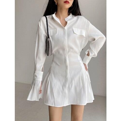 WOMENGAGA Spring Autumn College Style Turn-down Collar Shirt Dress Flare Sleeve A-line Single Breasted Dresses Sexy Ladies JJUN