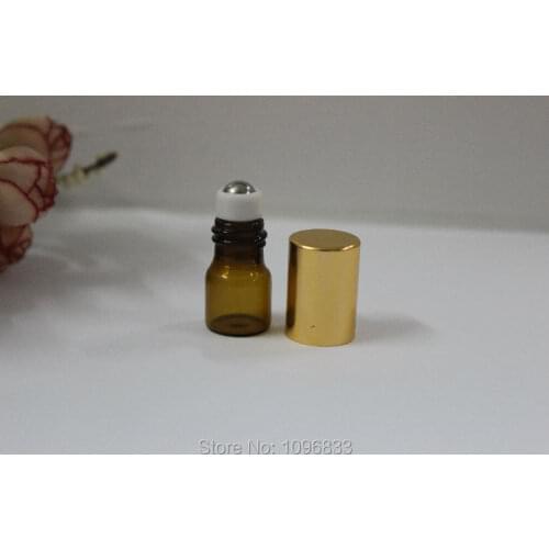 1ML Amber Glass Bottles with gold lid, Glass Bottle with Metal Roller Ball, Glass Roll on Bottle, Brown Glass Bottle, 100pcs/Lot