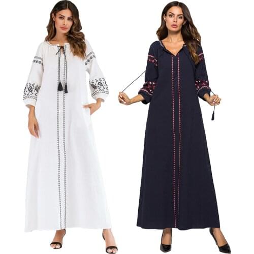 Abaya Dubai Kaftan Muslim Women Dress Ethnic Embroidery Lace Up Long Party Gown Maxi Jilbab Turkish Islamic Clothing Robe Caftan