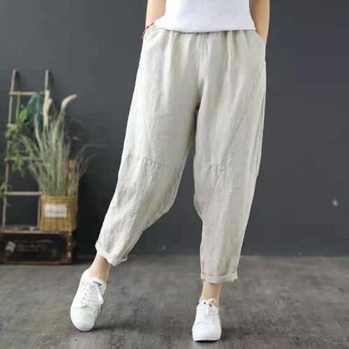 Summer Retro Elastic Waist Wild Thin Harem Pants Solid Color Stitching Wide-Leg Cropped Trousers Women