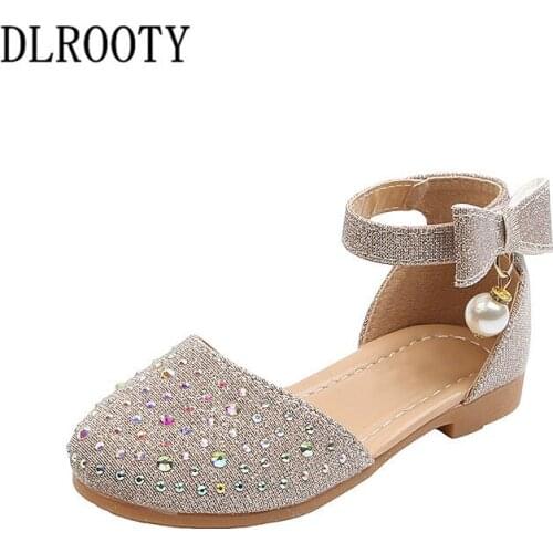 Children Girl Shoes Crystal Bling Princes Party Hook & Loop Bow-Knot Pearl Sneakers Kids Casual Flat Leather Soft Spring Summer