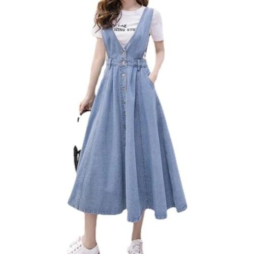 Denim Jeans Women Strap Long Skirts High Waisted Vintage Loose Pleated Blue Club Streetwear Cotton Sexy Harajuku Jean Skirt 2021