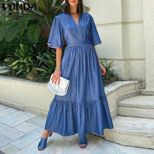 Elegant Denim Maxi Dress 2021 VONDA Women Vintage V Neck Belted Party Dress Summer Holiday Sundress Robe Femme Office Vestidos