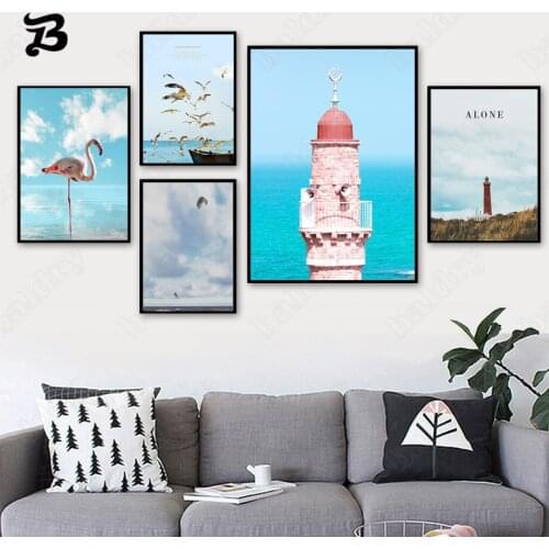 Canvas Painting for Living Room City Lonely Scenery Beacon Flamingo Flying Birds Nordic Modern Wall Art Pictures Home Wall Decor