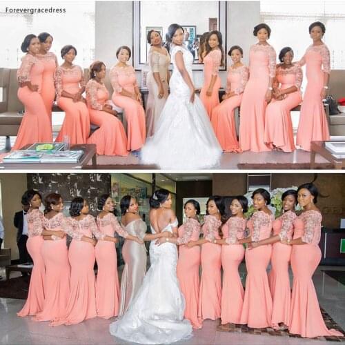 Coral Formal Bridesmaid Dress Elegant Mermaid Long Lace Top Maid of Honor Dress Wedding Guest Gown Custom Made