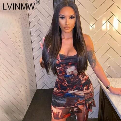 LVINMW Sexy Angel Print Spaghetti straps Ruched Slim Mini Dress 2020 Summer Women Fashion ruffled Bodycon Dress Female Party