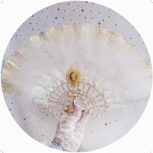 Fashion Vintage White Feather Lace Fan Handmade Lolita Pearl Chain Harajuku Gothic Photo Shoot Studio Wedding Handheld Prop