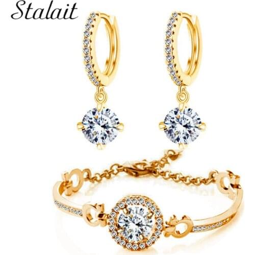 Fashion Brand Wedding Bridal Jewelry Set Gold Color Round Disc Cubic Zircon Bracelet Earrings Jewelry Sets