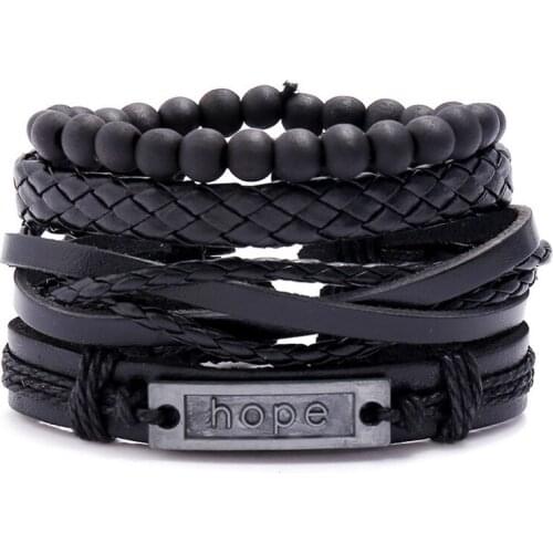 Fashion Black Hope Bracelet Set Vintage Weave Leather Beads Charm Wrap Bangle Adjustable Wristbands Retro Women Men Punk Jewelry