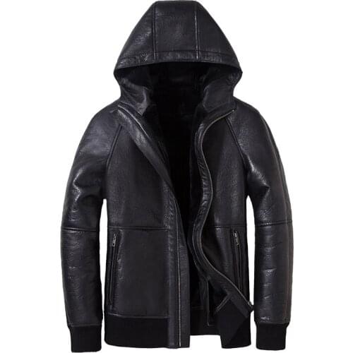 AYUNSUE Genuine Sheepskin Leather Jacket Men Motorcycle Jackets for Mens Real Sheep Shearling Fur Coat Winter Chaqueta LXR792