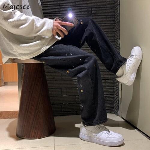 Men Denim Jeans Star Print Loose Straight Wide-leg Long Trousers All-match Students Fashion Streetwear Ulzzang Button Up Leisure