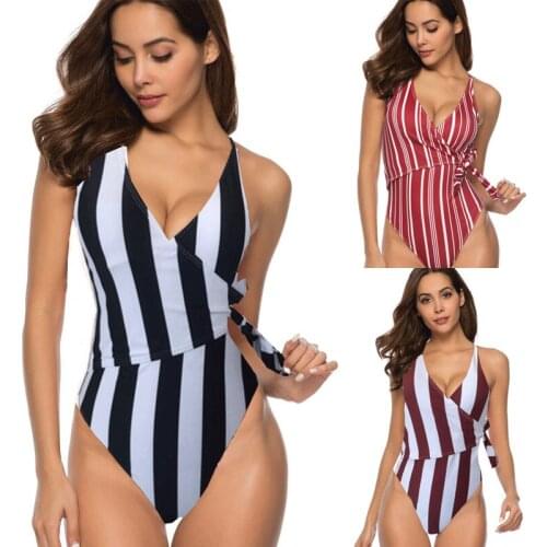 2019 New Style Bandage Stripe Womens Pad Bikini Swimming Costume Backless One Piece Swimsuit Monokini Swimwear