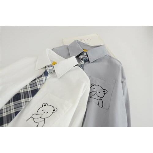 Autumn College Shirt Kawaii Bear Cartoon Long Sleeves Tops Teen Girls Cute Ladies Blouses New Embroidery Sweatshirt Women