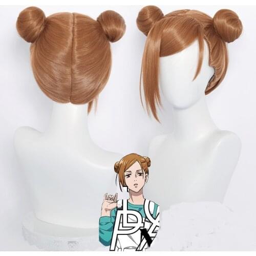 Anime Jujutsu Kaisen Kugisaki Nobara Wig Orange Brown Cute 2 Buns Wig with Cap Halloween Carnival Party Props