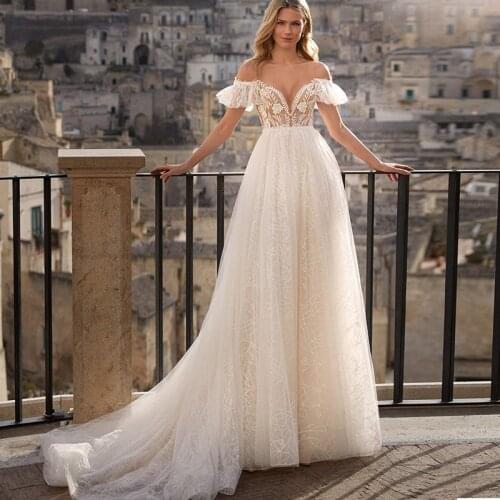 Romantic Wedding Dress Sweetheart Off Shoulder A-Line Lace Tulle Bridal Gown Princess Court Train Vestido De Novia