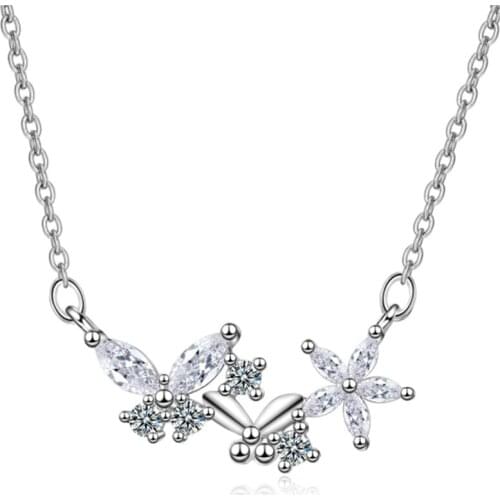 Japanese and Korean style simple fashion temperament flower zircon butterfly shape silver plated necklaces SE009