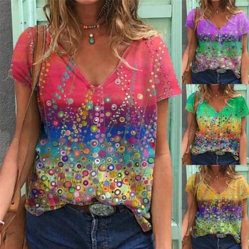 Summer Women Casual Plus Size Tops Loose Short Sleeve V-neck Print Office Lady T-shirt