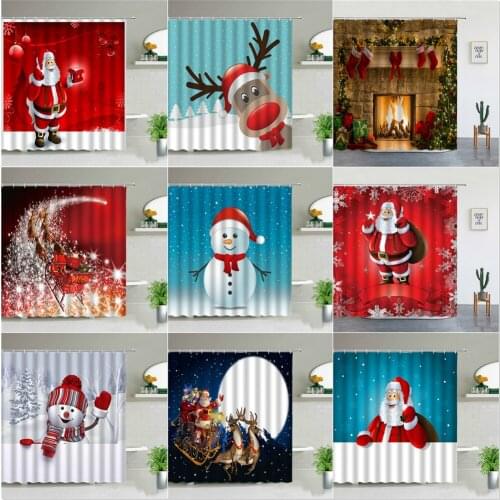 Christmas Shower Curtain Set Santa Claus Elk Snowman Fireplace Tree Happy New Year Cartoon Bathroom Living Room Background Decor
