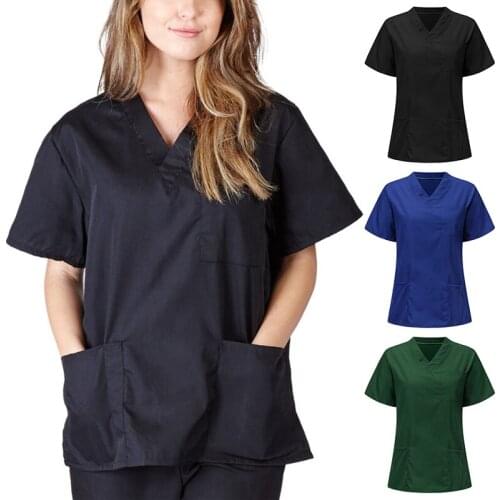 Summer Nurse Scrubs Women Hospital Work Uniform Female V Neck Short Sleeve Shirts Pocket Care Workers Tops Blouses Work Clothes