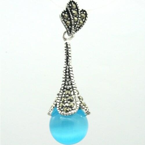 925 Sterling Silver Natural Blue Opal Round Bead Marcasite Necklace Pendant 45*12mm