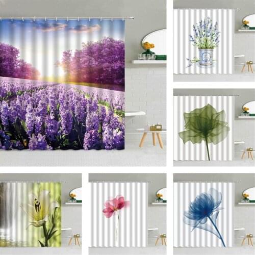 Natural Landscape Shower Curtain Flower Lavender Lily Rose Waterfall Green Leaves Spring Bathroom Decor Cloth Curtains With Hook