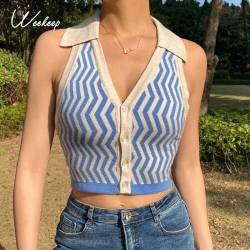 Weekeep Plaid Knitted Vintage Sweater Cardigans Women Fashion Short Sleeve Harajuku Slim V Neck Knitwear Streetwear Buttons Top