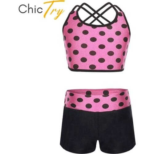 ChicTry Kids Teens Polka Dots Ballet Dance Workout Crop Top with Shorts Tankini Set Girls Gymnastic Suits Child Stage Dance Wear