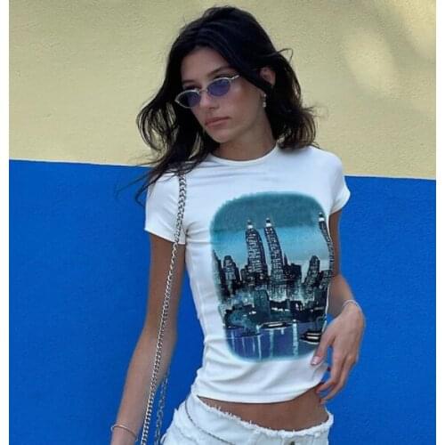Women’s Hot Y2K White O Neck Street Hip-hop Gothic Fashion New Blouse Architectural Aesthetics Print Slim Short T-shirt Girls