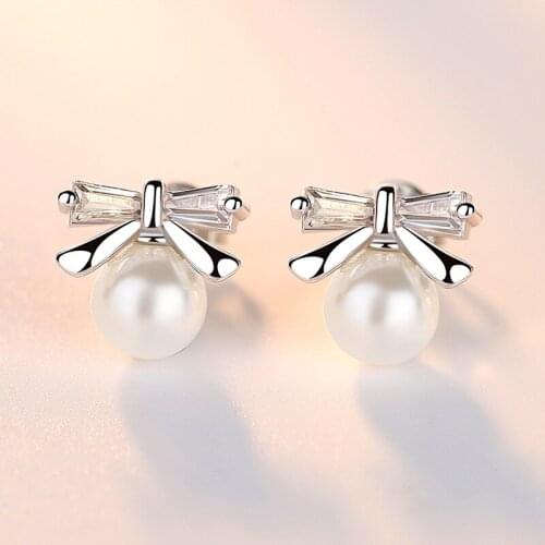 Womens Fashion Romantic Bowknot Back Stud Earrings Shiny CZ Stone Pearl Butterfly Geometric Wedding Earring Piercing Jewelry