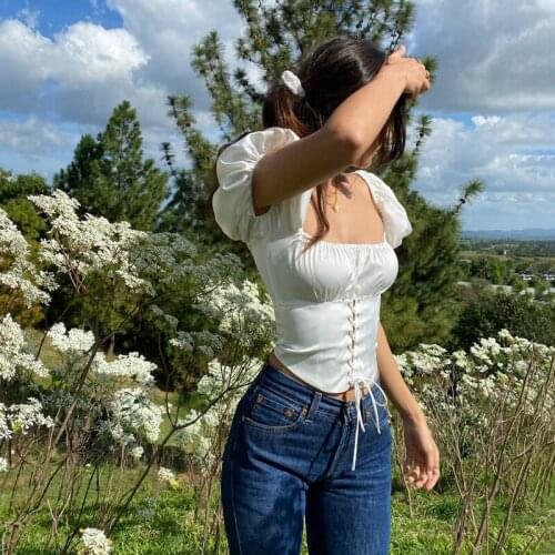 2021 Summer Women Fashion Square Neck Pleated Lace Up T-shirt Pullover Solid Color Lace Up Short Bubble Sleeve Navel T-shirt