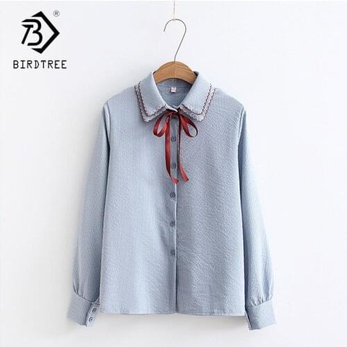 2018 Spring Preppy Style Sweet Prairie Chic Women Shirt With Bow Solid Chiffon Blouse Turn-down Collar Plus Size T821113Q