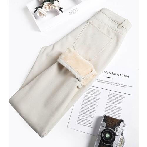 Womens Winter Jeans with High Waist Warmed Jeans for Women On Fleece Loose Harme White Thick Casual Denim Pants Fleece