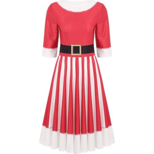 Women Christmas Costume Casual Flared Midi Dresses Round Neck Half Sleeves 3D Printed Striped Pattern Xmas Theme Party Dress